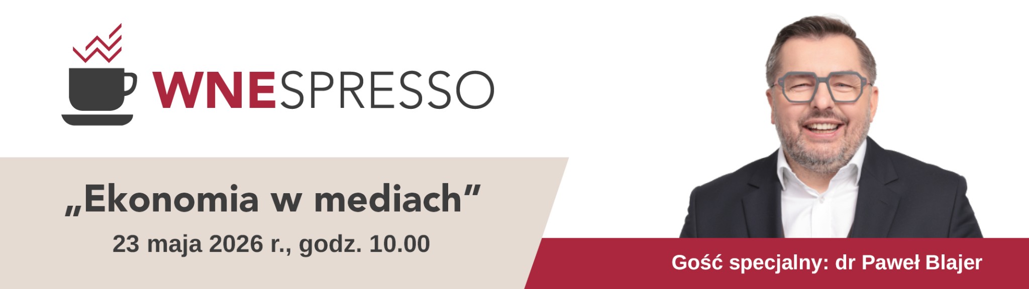 Plakat promujący spotkanie WNEspresso w dniu 23 maja 2026 roku.